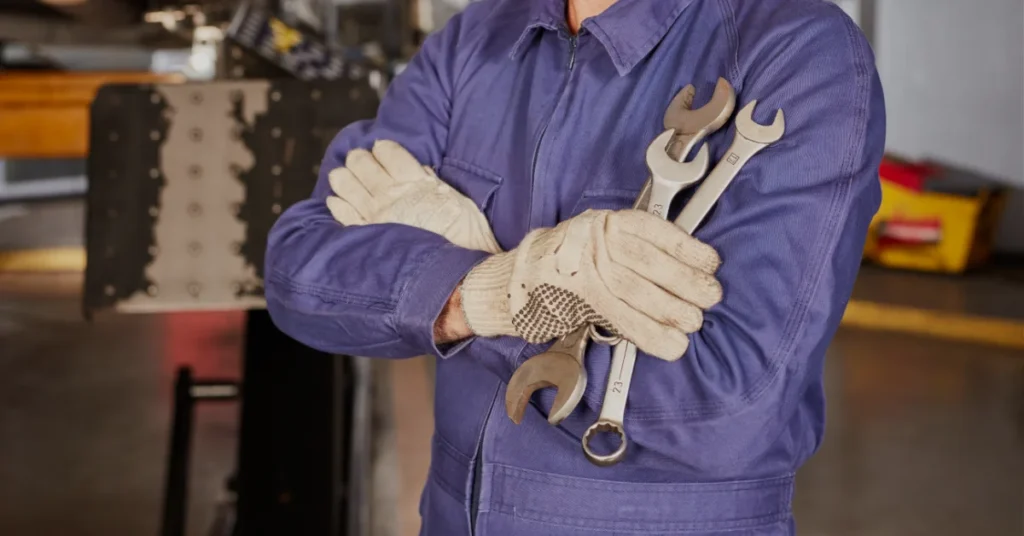 Mechaniker in Arbeitskleidung hält Schraubenschlüssel vor dem Körper