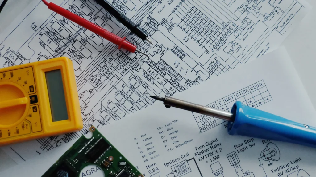 Multimeter, Lötkolben und Schaltplan auf einem Tisch